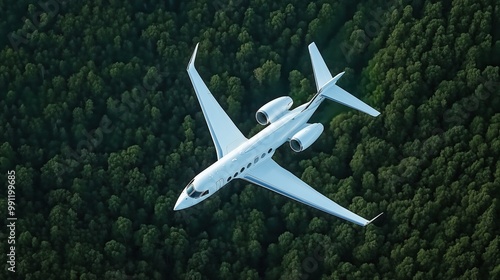 Airplane flying over a forest 