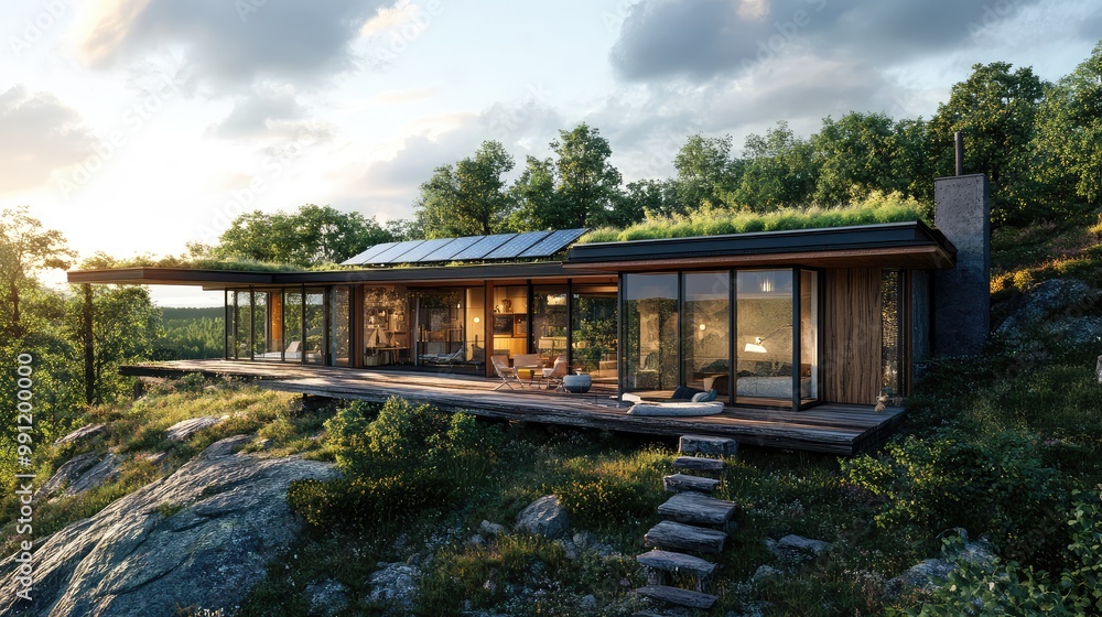 A Scandinavian home designed with eco-friendly principles, featuring solar panels, green roofs, and expansive windows overlooking a lush, forested valley. A Scandinavian home designed with eco-friendly principles, featuring solar panels, green roofs, and expansive windows overlooking a lush, forested valley.