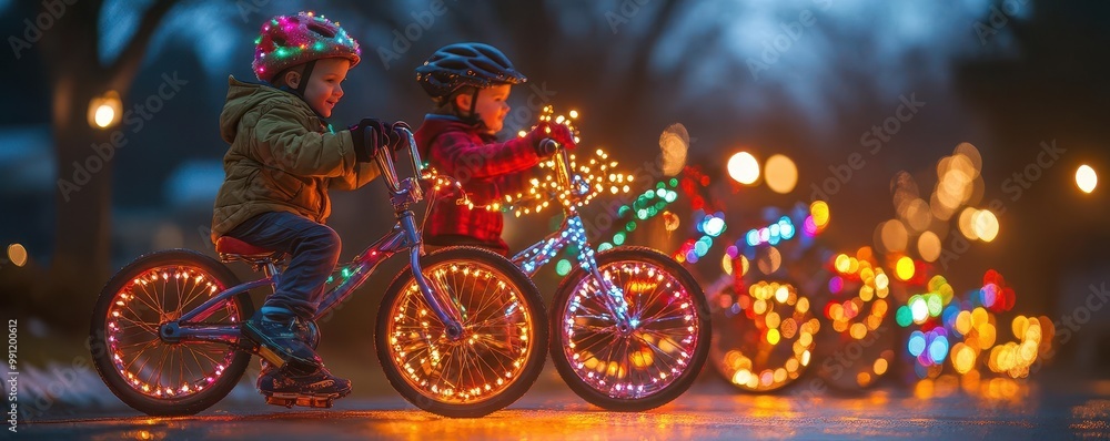Naklejka premium Children enjoying a festive bike ride with colorful lights during twilight, creating a joyful holiday atmosphere.