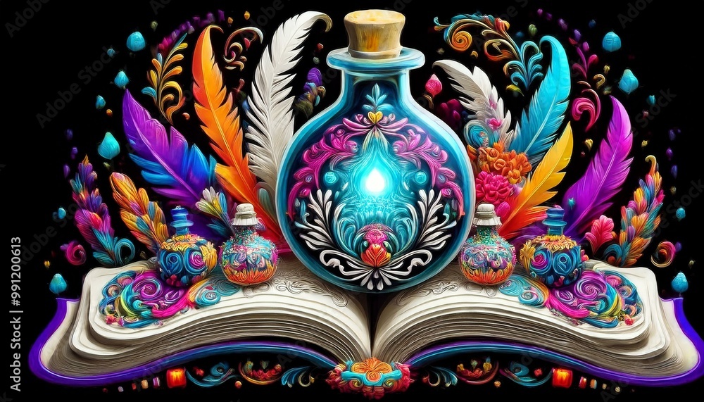 Colorful magical potion and open book design Colorful magical potion and open book design