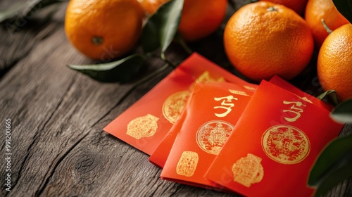 Close-up of red envelopes (hongbao) with gold calligraphy placed on a festive table with oranges, a symbol of good luck. photo