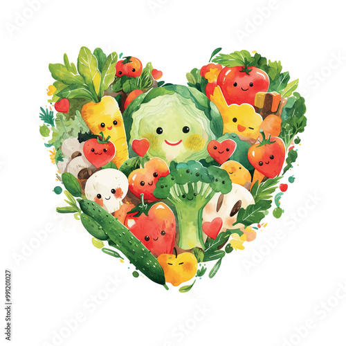 A cartoon heart made of vegetables and fruits. The heart is full of vegetables and fruits such as carrots, broccoli, and tomatoes. The cartoon character inside the heart is smiling and happy