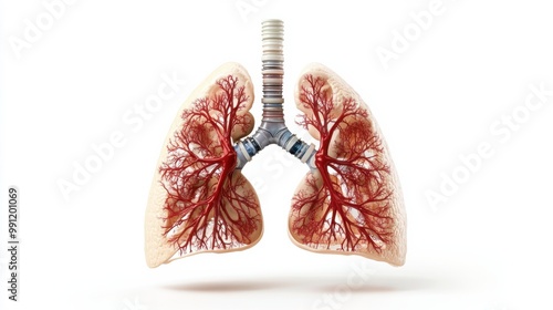 Detailed illustration of human lungs with intricate vascular structures, showcasing the complexity of respiratory anatomy.