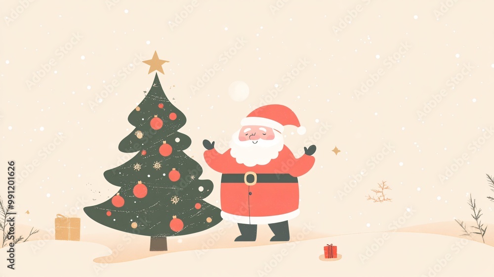 Cute Santa with Christmas Tree in Flat Design Style Cute Santa with Christmas Tree in Flat Design Style