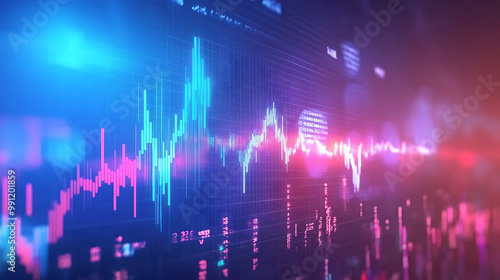 background with a digital screen showing global economic trends and financial forecasts