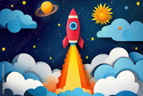 Fototapeta Naklejka Na Ścianę i Meble -  Illustration of a rocket taking off, with a space background featuring the sun and stars, in a paper-cut style.