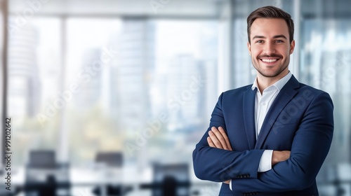 Photo of a young businessman in suit with arms crossed on an office background, space for text 