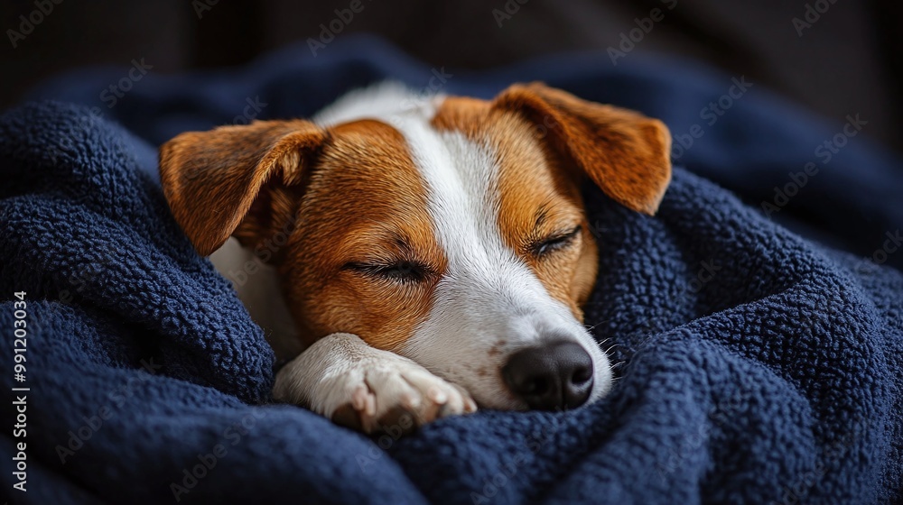peaceful dog lying on a midnight blue blanket, a serene moment of harmony as the brown and white pet finds relaxation and comfort in the quiet of the night peaceful dog lying on a midnight blue blanket, a serene moment of harmony as the brown and white pet finds relaxation and comfort in the quiet of the night