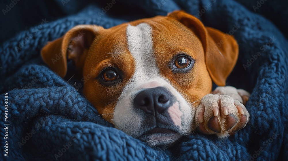 peaceful dog lying on a midnight blue blanket, a serene moment of harmony as the brown and white pet finds relaxation and comfort in the quiet of the night peaceful dog lying on a midnight blue blanket, a serene moment of harmony as the brown and white pet finds relaxation and comfort in the quiet of the night