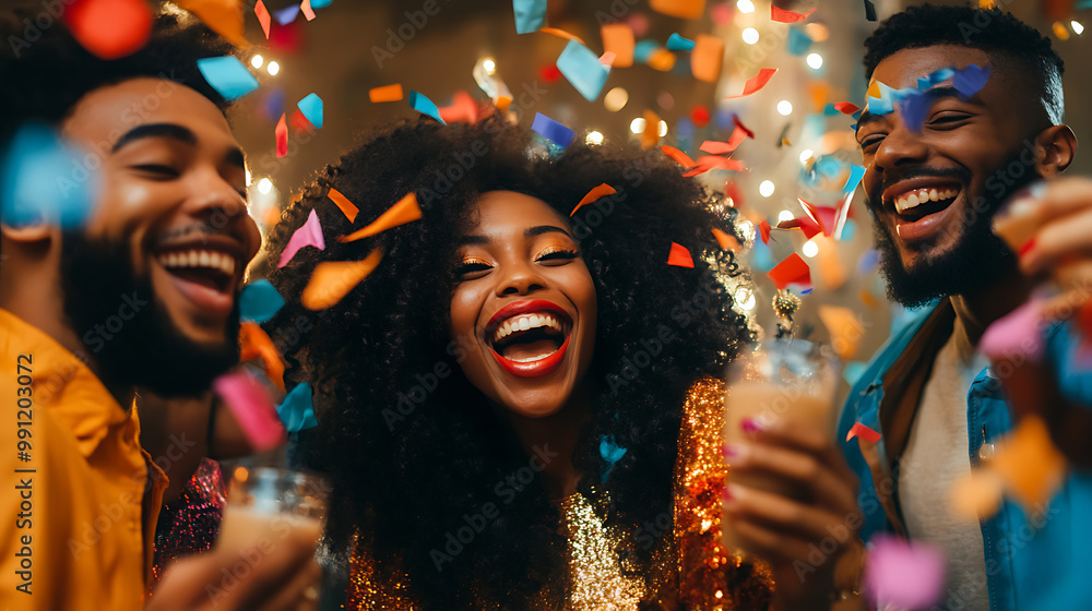 Joyful Black friends celebrating together at a party with colourful decorations and attire Joyful Black friends celebrating together at a party with colourful decorations and attire