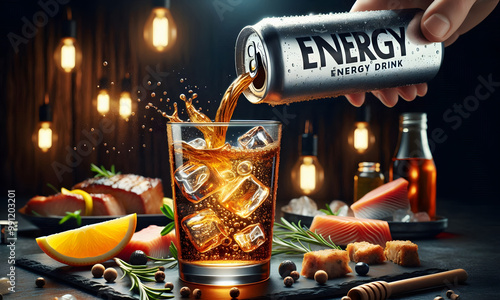 Eine Dose mit einem Energy Drink, der in ein Glas geschüttet wird, copy space photo