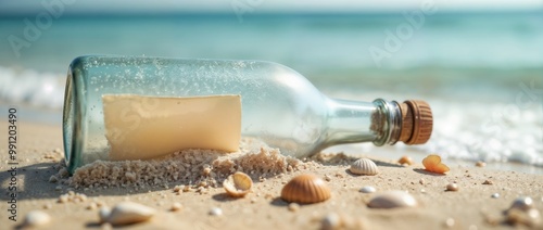 A message-filled bottle lies on the sandy shore photo