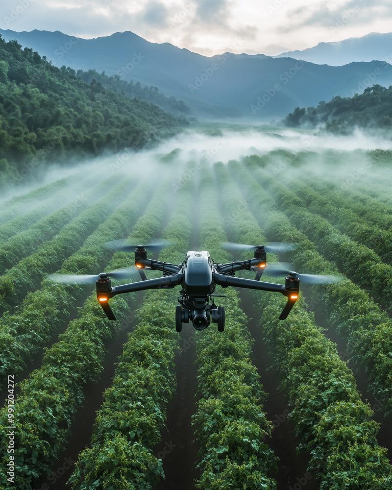 Obraz premium Aerial View of Vineyard with Drone Above Green Rows.