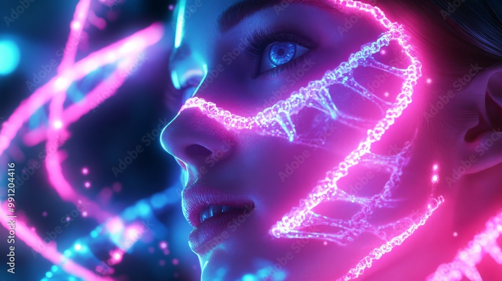 Obraz premium A futuristic portrait with glowing patterns and vibrant colors.