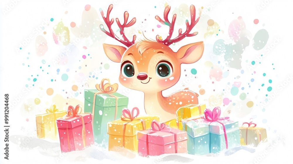 Fototapeta premium Cute Reindeer Character with Colorful Gifts on White Background