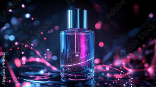 A glowing perfume bottle surrounded by vibrant light effects.