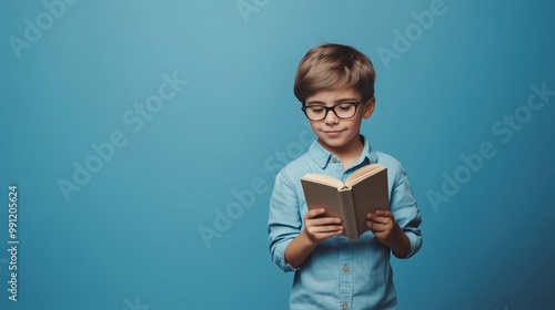 Boy reading a book on a blue background, space for text 