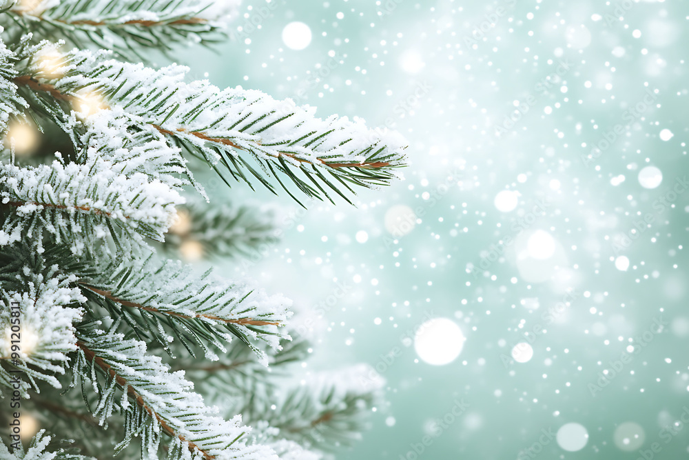 Mint Christmas Background with Snow-Covered Trees Mint Christmas Background with Snow-Covered Trees