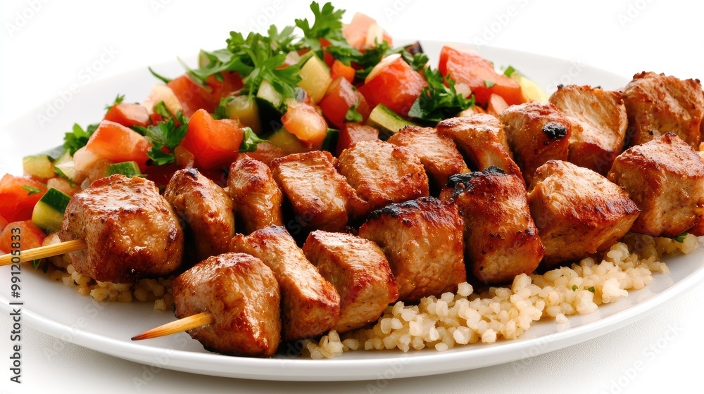 Enjoy a plate of flavorful spiced lamb kebabs grilled on sticks, served with a vibrant bulgur salad featuring fresh herbs and juicy tomatoes, perfect for any Mediterranean meal Enjoy a plate of flavorful spiced lamb kebabs grilled on sticks, served with a vibrant bulgur salad featuring fresh herbs and juicy tomatoes, perfect for any Mediterranean meal