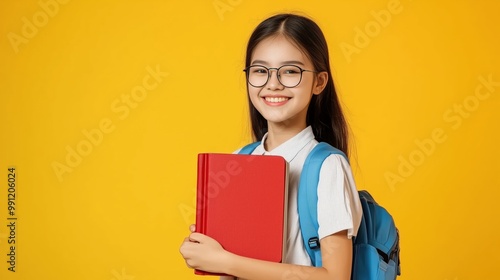 Asian school girl holding a red notebook on a yellow background, space for text 