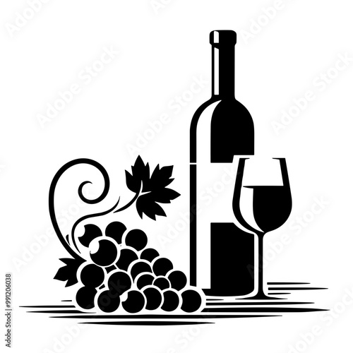 A black and white silhouette of bottle of wine, glass of wine, and bunch of grapes, vector, minimalist art style, stroke lines for an abstract look, transparent background 