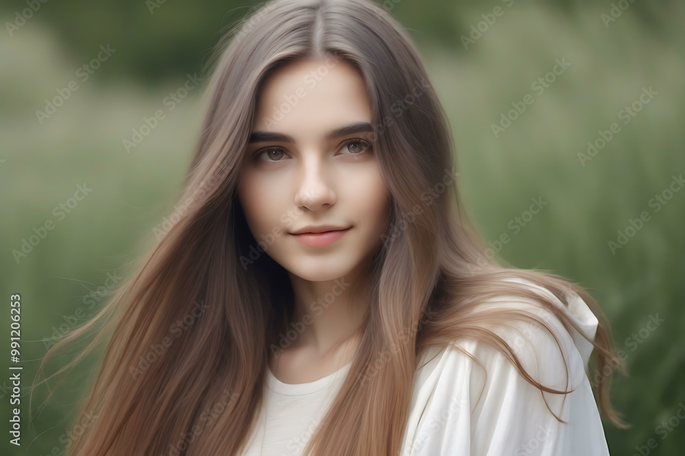 Beautiful Woman with Long Brown Hair and Green Background Beautiful Woman with Long Brown Hair and Green Background