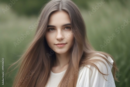 Beautiful Woman with Long Brown Hair and Green Background