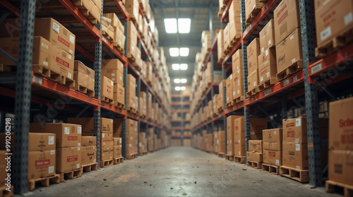 a large warehouse interior with high shelves stacked with numerous cardboard boxes