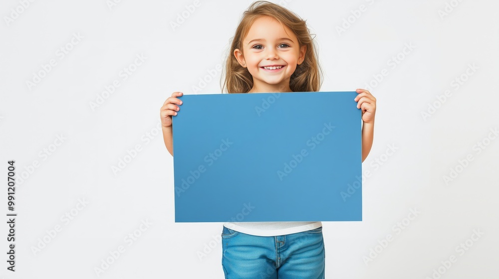 Young girl holding a blue banner sign on a white background, person holding a billboard or banner Young girl holding a blue banner sign on a white background, person holding a billboard or banner