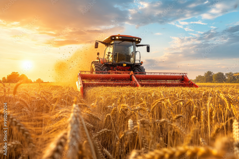 Fototapeta premium Harvester working in wheat field at sunset, farmer driving orange tractor, rural scene