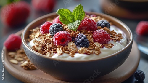 fresh granola yogurt and berries breakfast, a nutritious and balanced meal filled with vitamins, fiber, and protein to support health, wellness, and energy levels