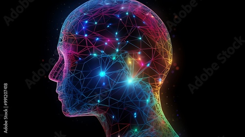 Futuristic Side Profile of Human Head with Glowing Circuits and Neural Network Patterns in a Digital Technology Design