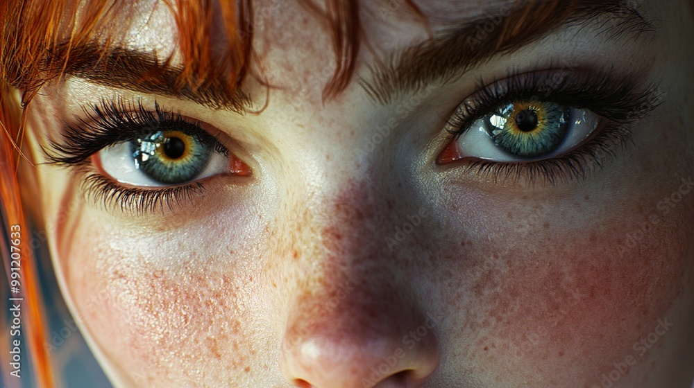 Intense Gaze: Close-Up Portrait of a Woman with Blue Eyes and Freckles Intense Gaze: Close-Up Portrait of a Woman with Blue Eyes and Freckles