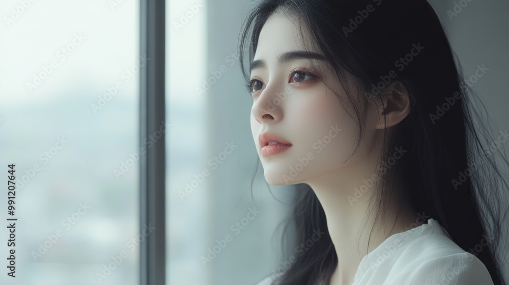 A contemplative young woman gazes thoughtfully out a window, capturing a serene moment. A contemplative young woman gazes thoughtfully out a window, capturing a serene moment.