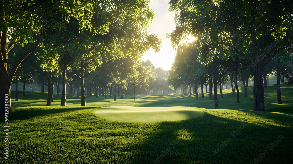 Obraz premium Very lifelike golf field at sunshrine, the middle of the field view likes as the first person perspective ,Golf sport landscape