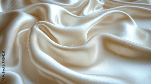 This image showcases a closeup of elegant satin fabric in a soft cream color. The smooth texture creates a flowing, luxurious appearance.