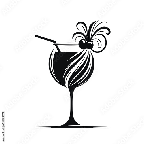Silhouette of cocktail in an elegant glass, black-white vector, minimalist art style, celebration drink, transparent background 