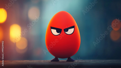 A red egg with angry eyes stands on a wooden surface. photo