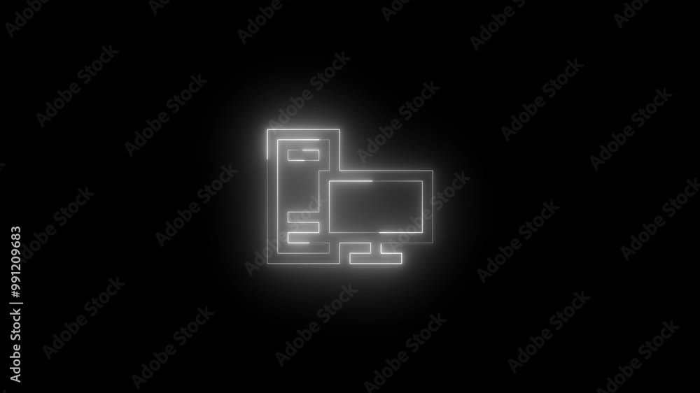 Neon desktop pc icon white glowing black background animation Neon desktop pc icon white glowing black background animation