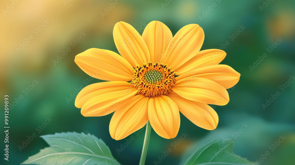 Obraz premium A stunning close-up image of a vibrant yellow flower showcasing its intricate petals and green leaves, set against a beautiful blurred background, symbolizing nature's beauty