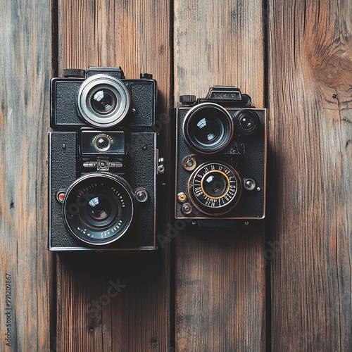 Wallpaper Mural two vintage photo camera and lens on a wooden background Torontodigital.ca