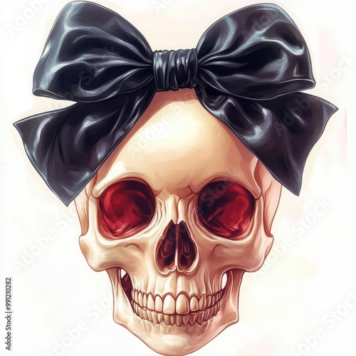 Elegant Skull with Black Bow in Gothic Style Illustration. photo