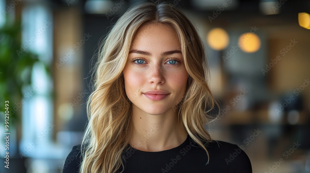portrait of a blonde woman with blue eyes in an office, highlighting her stylish appearance and confident expression as she represents a diverse and modern workforce portrait of a blonde woman with blue eyes in an office, highlighting her stylish appearance and confident expression as she represents a diverse and modern workforce