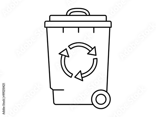 Hand drawn cute outline illustration of big garbage can with wheel. Flat vector trash bin, environmental pollution design in line art doodle style. Ecology sticker, icon. Rubbish disposal. Isolated.