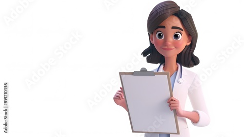 3D Render Illustration of Female Doctor Character Holding a Clipboard in Medical Setting