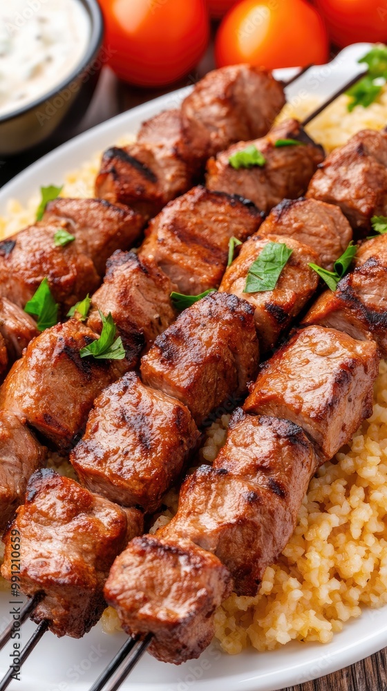 Savor the succulent lamb kebabs paired with creamy tahini and tangy tzatziki, accompanied by tender bulgur and vibrant tomatoes, making for a delightful culinary experience Savor the succulent lamb kebabs paired with creamy tahini and tangy tzatziki, accompanied by tender bulgur and vibrant tomatoes, making for a delightful culinary experience