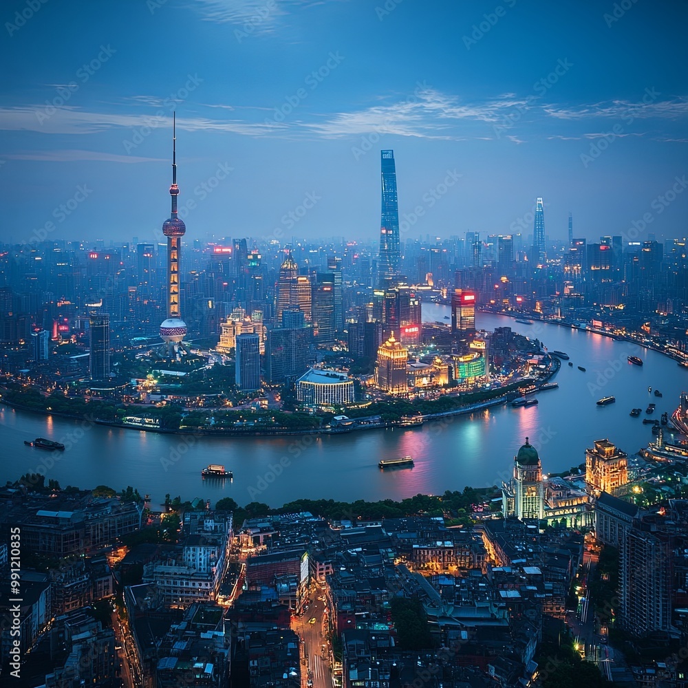 Naklejka premium View of Shanghai skyline panoramic cityscape at night