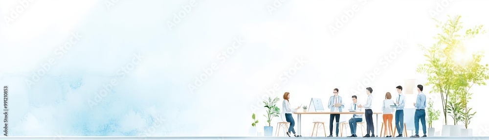 Obraz premium An international business meeting in a modern workspace, with professionals reviewing branding strategies and discussing carbon footprint reduction, with a spacious area for text
