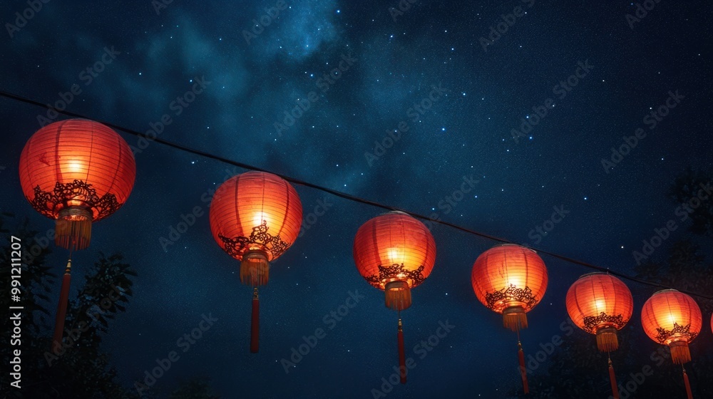 Red Chinese paper lanterns glowing brightly against a starry night sky, with traditional decorations for New Year below. Red Chinese paper lanterns glowing brightly against a starry night sky, with traditional decorations for New Year below.
