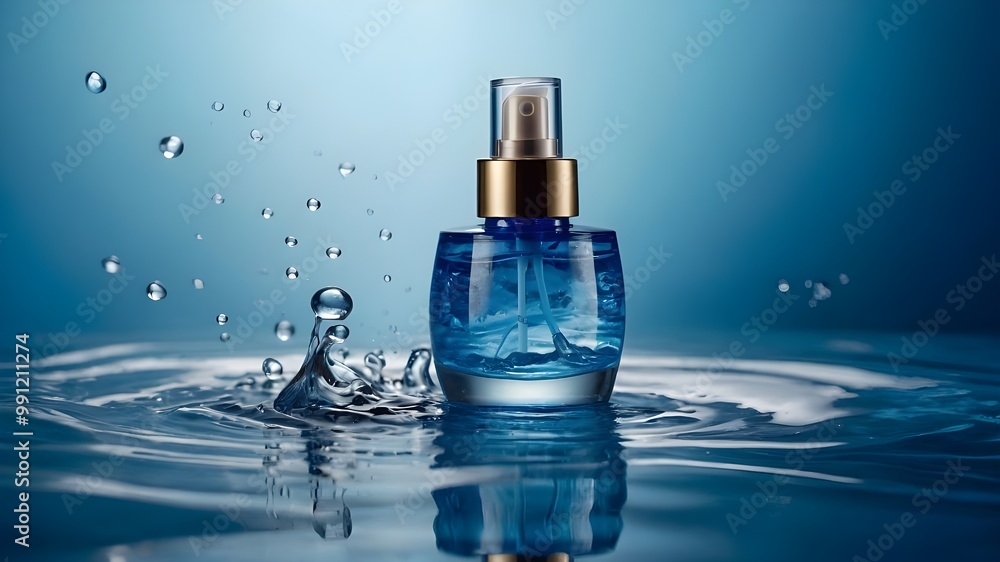 Moisturizing Cosmetic Product, Serum, Gel, Emulsion in Transparent Bottle with Pipette, Water Waves, Blue Background, Collagen Rejuvenation Cosmetic Concept Moisturizing Cosmetic Product, Serum, Gel, Emulsion in Transparent Bottle with Pipette, Water Waves, Blue Background, Collagen Rejuvenation Cosmetic Concept